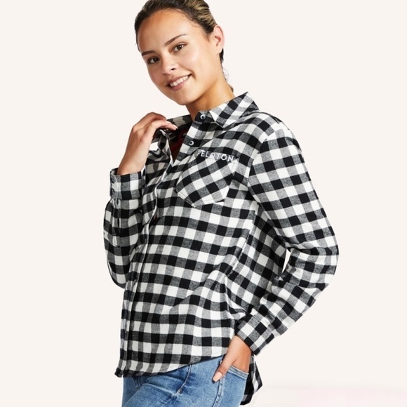 NWT Peloton Buffalo Check Plaid Button Down Shirt Black/White - Picture 4 of 8